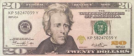 Replica twenty dollar bill marked for motion picture use