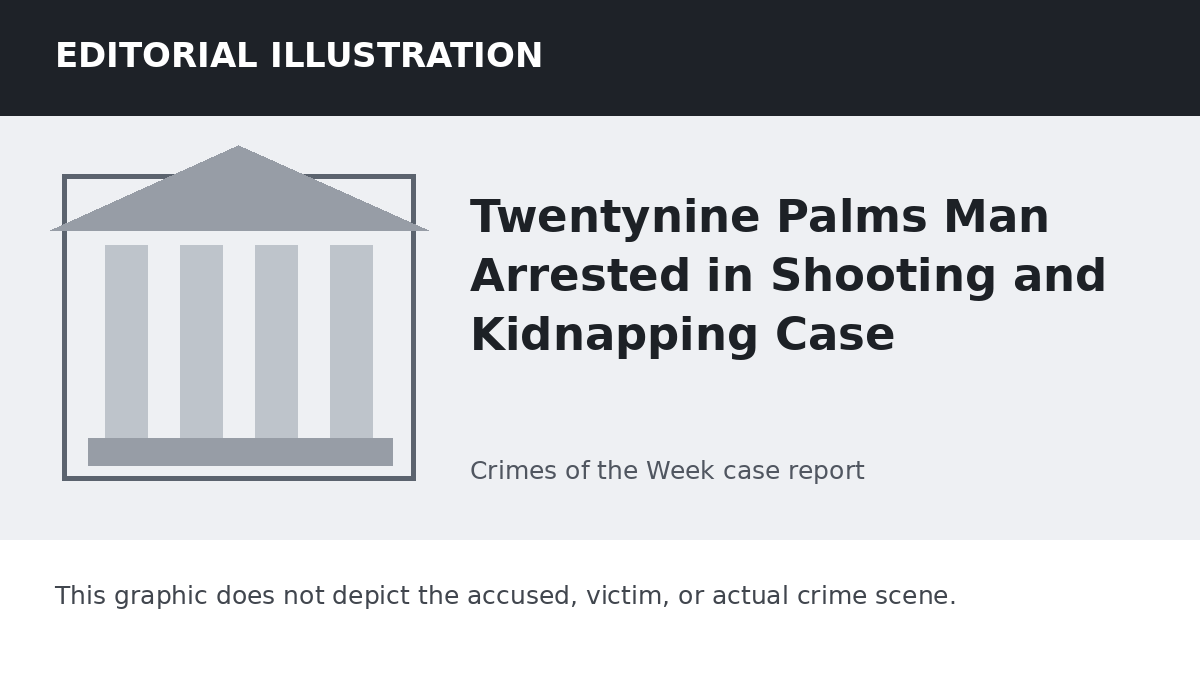 Editorial illustration representing the setting of the Twentynine Palms Man Arrested in Shooting and Kidnapping Case case. It does not depict the accused, victim, or actual crime scene.