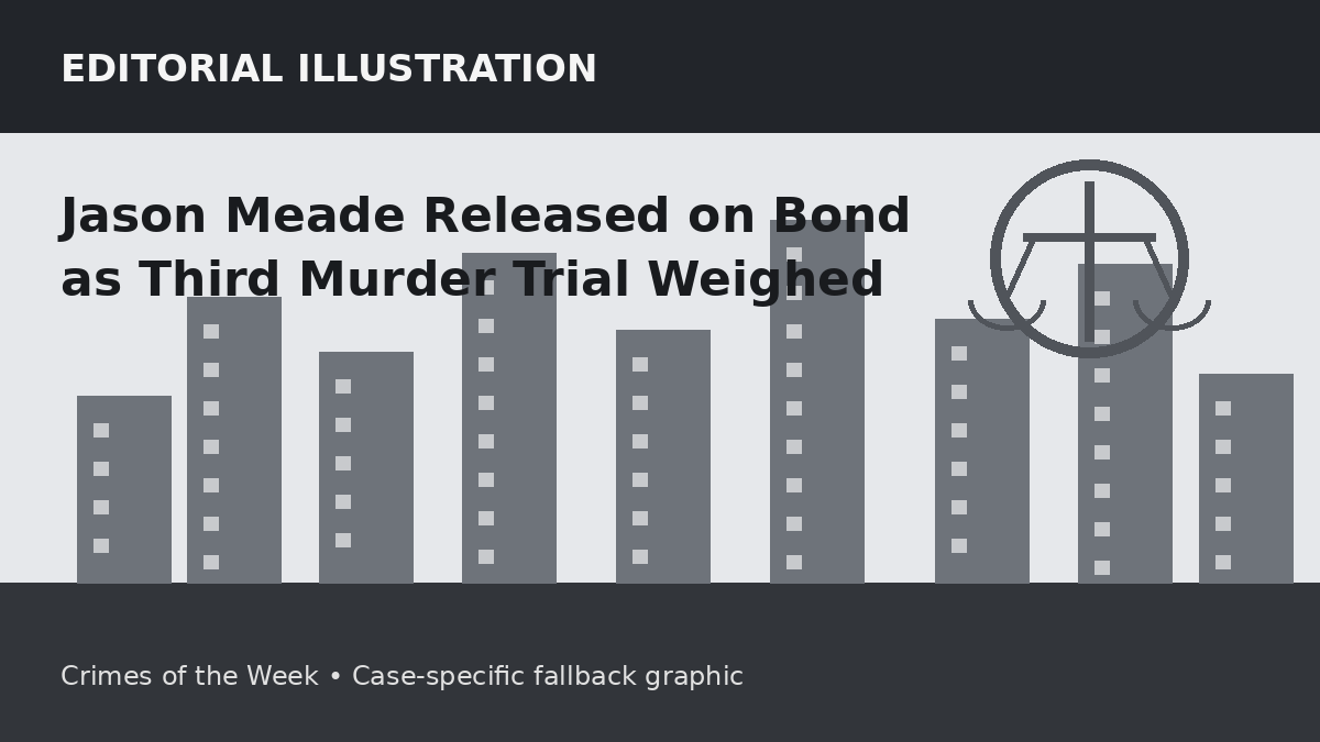 Editorial illustration representing the setting of the Jason Meade Released on Bond as Third Murder Trial Weighed case. It does not depict the accused, victim, or actual crime scene.