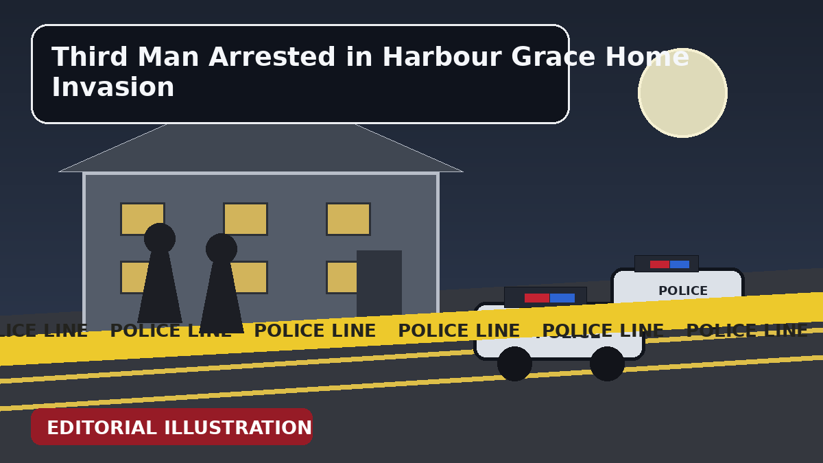 Editorial cartoon-style illustration representing the setting of the “Third Man Arrested in Harbour Grace Home Invasion” case. It does not depict the accused, victim, or actual crime scene.