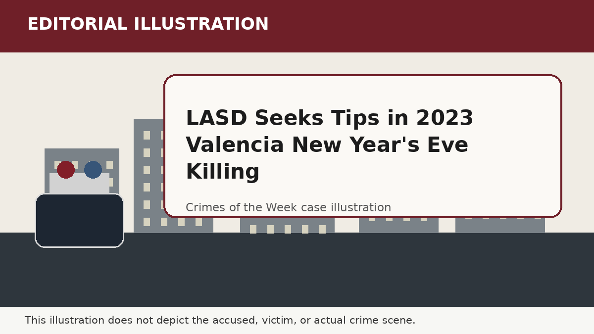 Editorial illustration representing the setting of the LASD Seeks Tips in 2023 Valencia New Year's Eve Killing case. It does not depict the accused, victim, or actual crime scene.