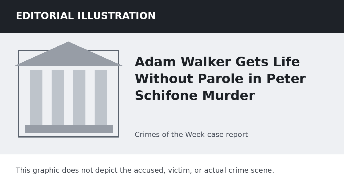 Editorial illustration representing the setting of the Adam Walker Gets Life Without Parole in Peter Schifone Murder case. It does not depict the accused, victim, or actual crime scene.