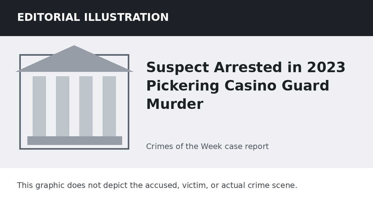 Editorial illustration representing the setting of the Suspect Arrested in 2023 Pickering Casino Guard Murder case. It does not depict the accused, victim, or actual crime scene.
