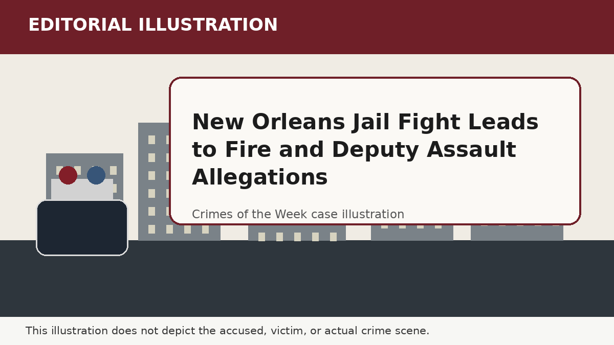 Editorial illustration representing the setting of the New Orleans Jail Fight Leads to Fire and Deputy Assault Allegations case. It does not depict the accused, victim, or actual crime scene.