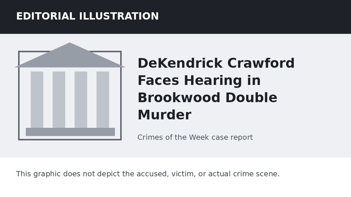 Editorial illustration representing the setting of the DeKendrick Crawford Faces Hearing in Brookwood Double Murder case. It does not depict the accused, victim, or actual crime scene.