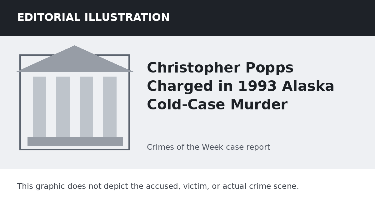 Editorial illustration representing the setting of the Christopher Popps Charged in 1993 Alaska Cold-Case Murder case. It does not depict the accused, victim, or actual crime scene.