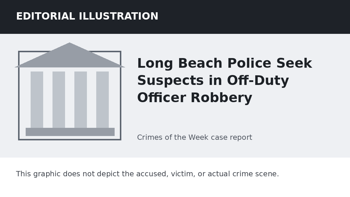 Editorial illustration representing the setting of the Long Beach Police Seek Suspects in Off-Duty Officer Robbery case. It does not depict the accused, victim, or actual crime scene.