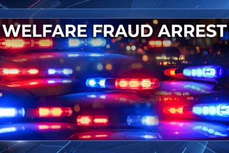 Flashing red and blue lights from a police vehicle at night, with "WELFARE FRAUD ARREST" text overlay.