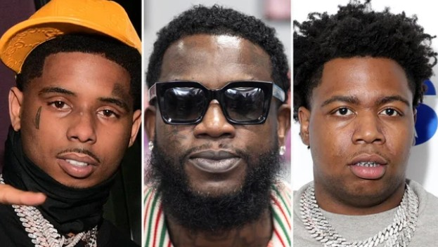 From left to right, rappers Pooh Shiesty, Gucci Mane, and Big30. Prosecutors say Atlanta rapper Gucci Mane was lured to a Dallas studio, then allegedly kidnapped and robbed at gunpoint by a group that included Pooh Shiesty and Big30.