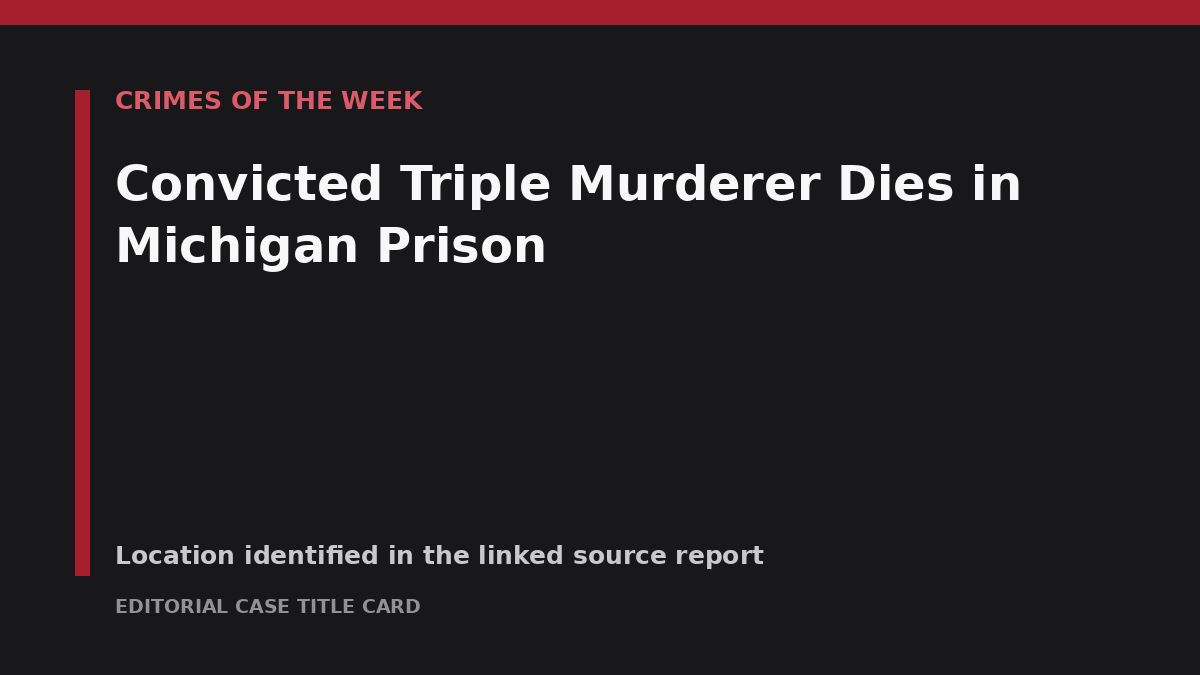 Editorial case title card for Convicted Triple Murderer Dies in Michigan Prison on Crimes of the Week.