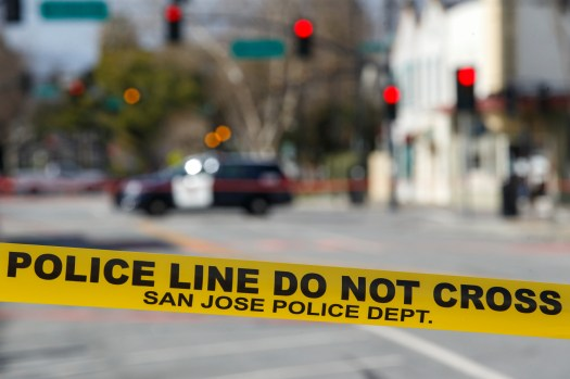 SAN JOSE, CA – FEBRUARY 20: Police tape blocks off the scene of a shooting along Jackson Street in Japantown, in San Jose, Calif., on Saturday, Feb. 20, 2021. One person later died from their injuries and the incident was being investigated as a homicide, the fifth so far in 2021. Police also responded to two other unrelated shootings early Saturday morning one at 1900 block of Poco Way and another on the 500 block of West Alma Avenue. (Anda Chu/Bay Area News Group)