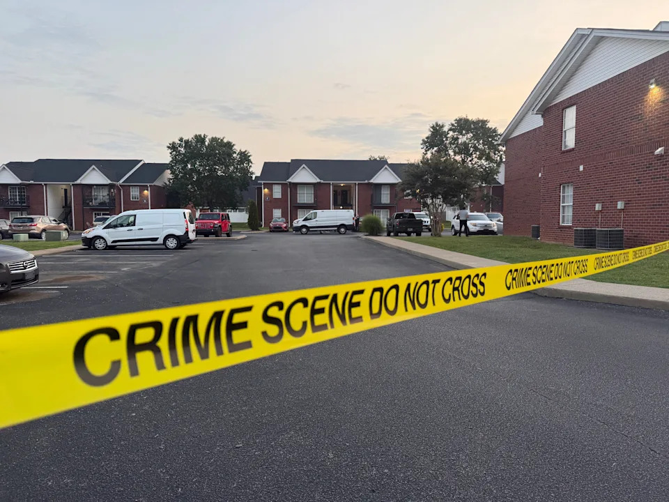 Murfreesboro Police Department officers investigate the shooting deaths of two men July 28, 2026, at Saddlebrook Apartments.